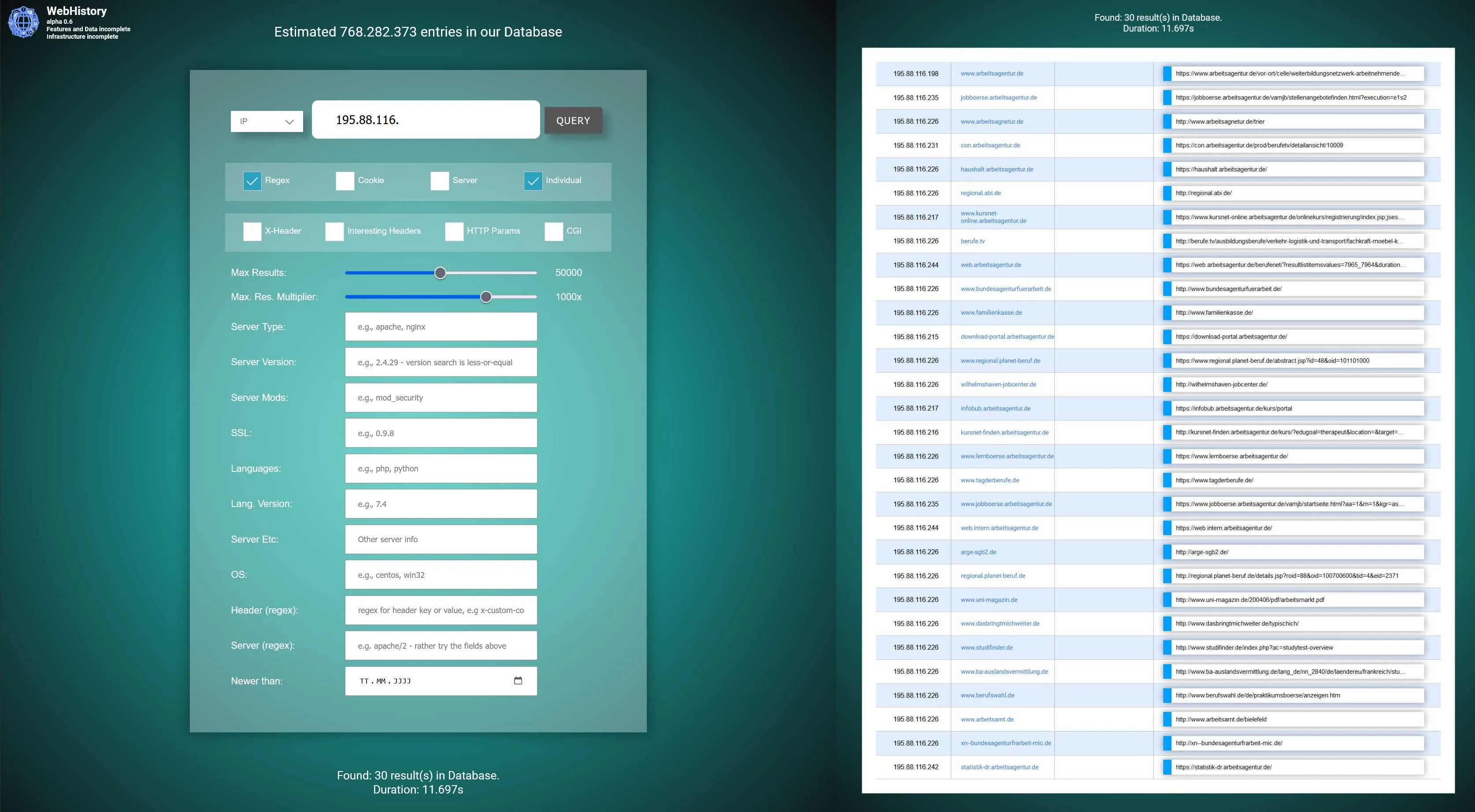 Webhistory.info CIDR Range example search